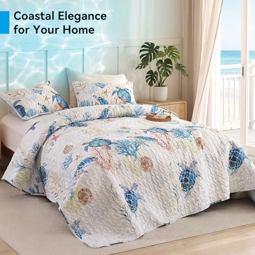 Sea Turtle Coastal Quilt Set Queen Size - Soft Microfiber Bedding
