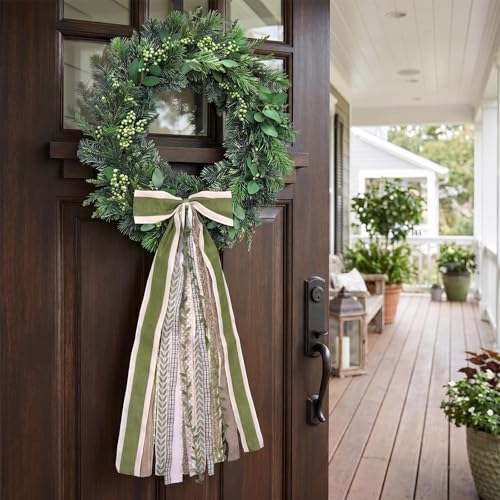 Large Farmhouse Burlap Wreath Bow with Clip - Green Leaves Ribbon