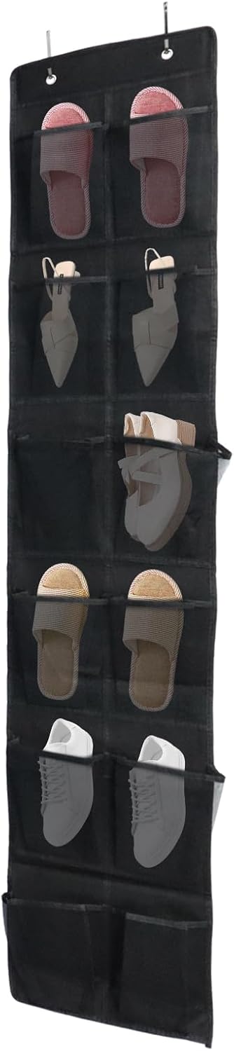 Over The Door Shoe Organizer - 12 Mesh Pockets With 4 Metal Hooks | Space-Saving Black Design