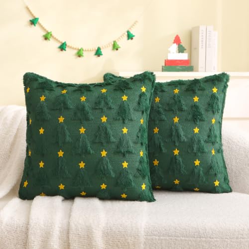 Aolime B Christmas Pillow Covers 18x18 inch Set of 2 Dark Green Embroidered Holiday Decor
