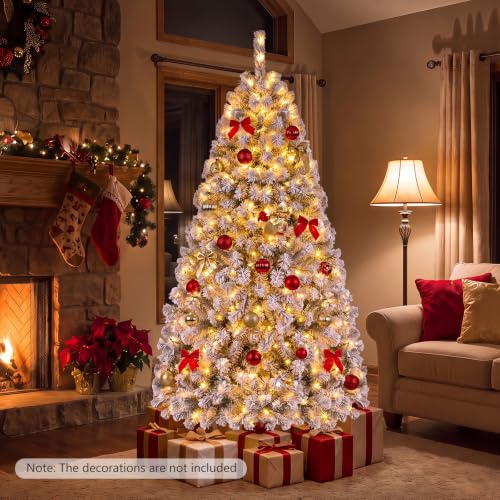 HAPPYGRILL 6ft Pre-Lit White & Green Christmas Tree with Snow Flocked Needles, 600 Tips, LED Lights & Metal Stand