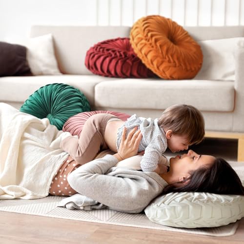 Pleated Round Velvet Throw Pillow, 15-Inch Decorative Boho Cushion for Sofa