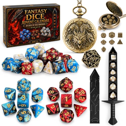 DND Dice Advent Calendar 2026 with Pocket Watch and Dragon Pins for RPG Fans