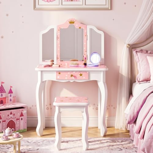 Kids Vanity Table and Chair Set with Folding Mirror and Storage Drawer