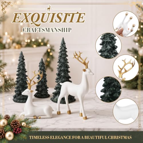 Pinkunn 5 Pcs White & Green Christmas Reindeer & Tree Decor Set for Holiday Tabletop