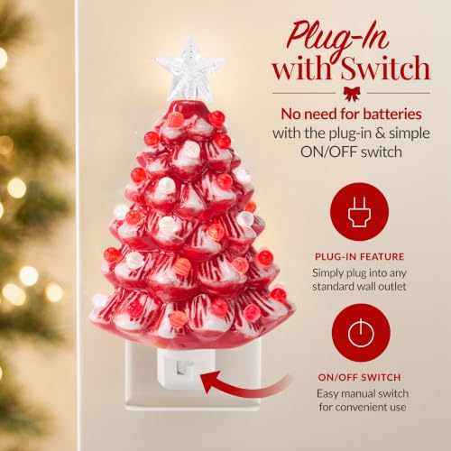 Red Ceramic Christmas Tree Nightlight - Hand Painted Holiday Decor, Plug-in Night Lamp, 6.7in