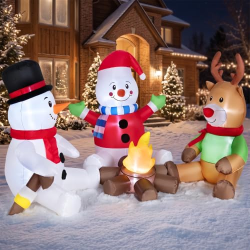 Red 6FT Christmas Inflatable Snowman & Reindeer with Fire Pit - Kendane