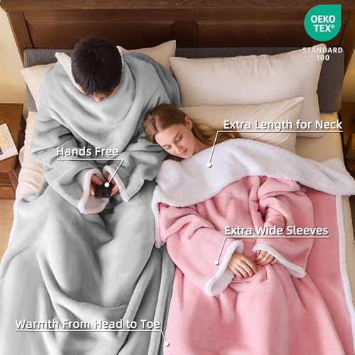 Oversized Sherpa Wearable Blanket with Sleeves, Grey Flannel Snuggle Robe