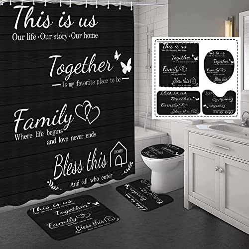 4-Piece Bathroom Shower Curtain Set with Non-Slip Rugs and Toilet Lid Cover