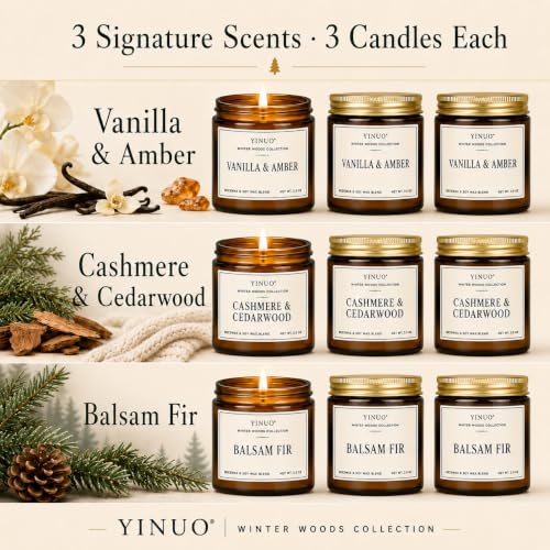 YINUO Winter Woods Scented Candle Gift Set - Forest Green 9 Pack, 3.5oz Amber Jars