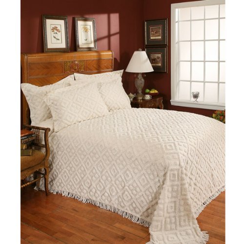 Diamond Tufted Chenille Bedspread - Queen Size - White
