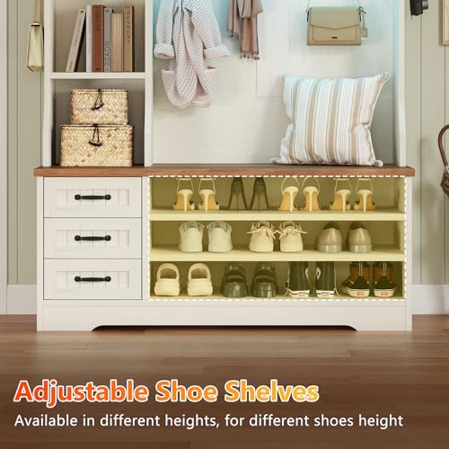 Farmhouse Hall Tree with Bench, Storage Drawers, LED Lights, and Coat Hooks