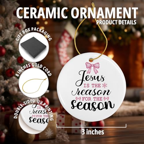 DIENADFX Jesus Ceramic Christmas Ornament Pink Bow Holiday Decor Religious Gift