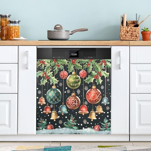 Christmas Bells Black Dishwasher Sticker Magnetic Cover – Winter Snowflake Poinsettia Berry, 23 x 26 in, Reusable Wamika