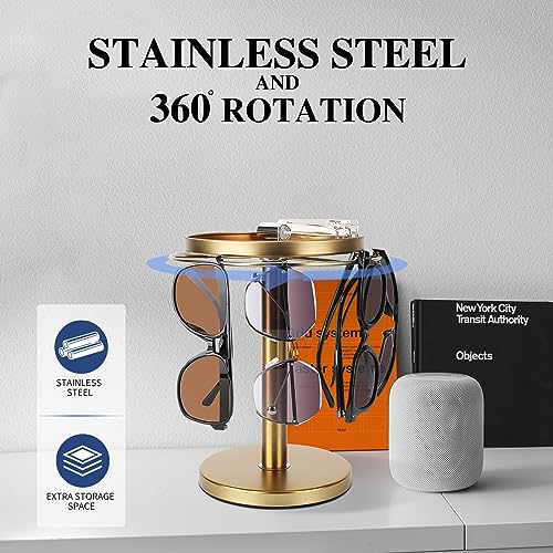 360° Rotating Sunglasses Organizer Stand with Jewelry Tray - Gold
