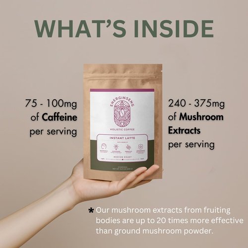 Energinseng Mushroom Coffee Instant Latte – Lion’s Mane, Reishi, Ginseng Adaptogen Coffee – Instant Coffee Alternative for Energy & Focus – Arabica & Robusta Blend – 14.11oz