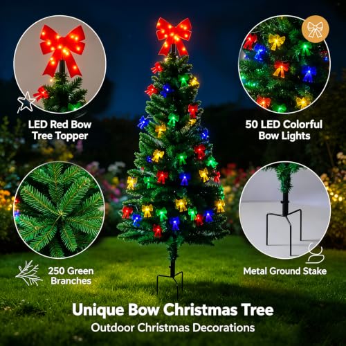 4ft Solar Christmas Tree with Bow Lights – Outdoor Garden Yard Decor (1 Pack, 50 Bow LEDs, IP65)
