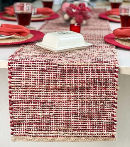 Chardin Home Natural Jute Red Table Runner 13x108 Inch - Farmhouse Decor