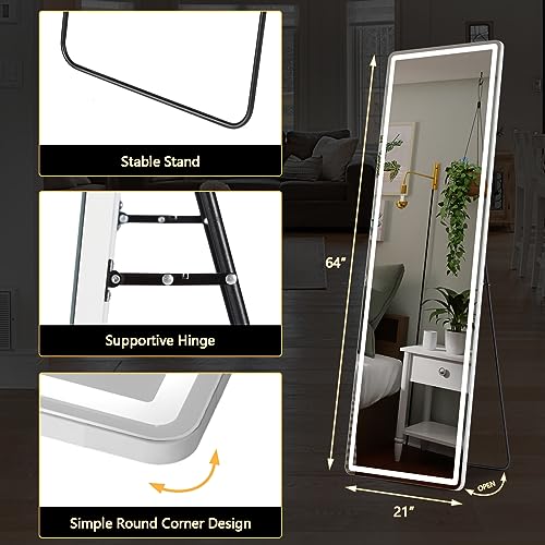 LED Full Length Floor Mirror 65"x21" Lighted Standing Full Body Mirror