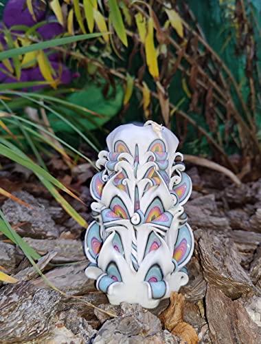 Handmade Rainbow Candle - Carved Gift for Her, White/Blue - Small
