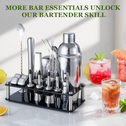 KINGROW Sliver 23-Piece Cocktail Shaker Set with Stand - 25oz Bartender Kit