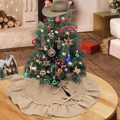 24-Inch Mini Burlap Christmas Tree Skirt with Ruffled Edge, Rustic Tabletop Decor