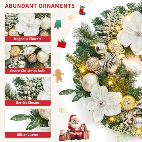 Garvee 24in White Gold Pre-Lit Christmas Wreath - 20 LED Lights, Battery Timer, Magnolia Flowers