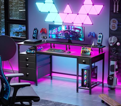 60-Inch Computer Desk with LED Lights, USB Charging Station, and 4 Drawers