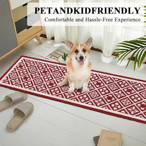 Christmas Hallway Runner Rug 2x6 ft Washable Red Xmas Kitchen Mat - Non-Slip, Durable