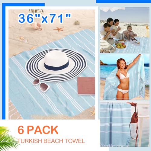 Oversized Turkish Cotton Beach Towels 36x71, 6-Pack Sand-Free Quick Dry