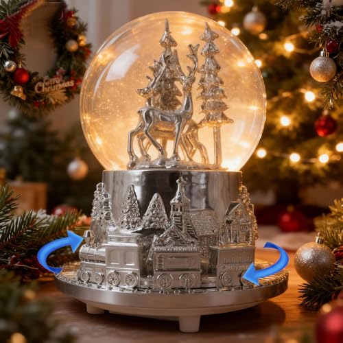 Musical LED Christmas Snow Globe with Rotating Train and White Reindeer
