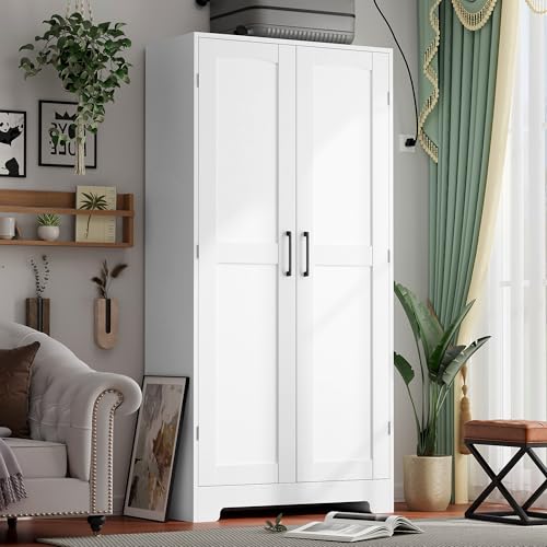 Freestanding Wooden Wardrobe Closet with Hanging Rod and Adjustable Shelves