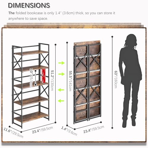 5-Tier Industrial Folding Bookshelf, No-Assembly Metal & Wood Bookcase