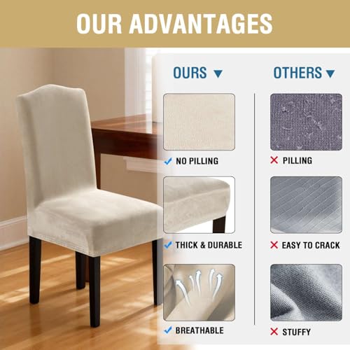 Velvet Dining Chair Covers - Stretch Slipcovers for Parson Chairs, Set of 6, Ivory