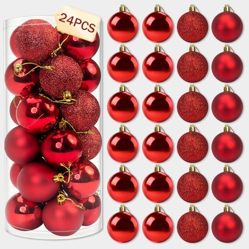 Napzy 24 pcs Red Christmas Ornaments Set - Shatterproof Tree Decorations