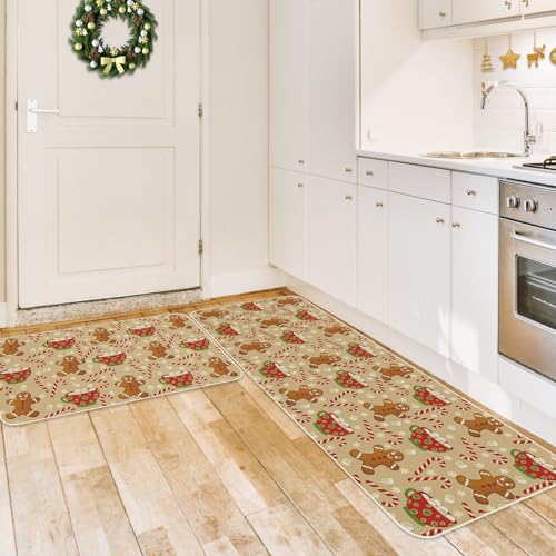 Brown 2-Piece Christmas Kitchen Floor Mats - Gingerbread & Candy Cane, Non-Slip Doormats