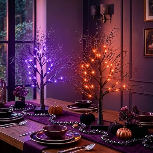 Lighted Black Halloween Trees with Dual-Color LED Lights & Timer - 2 Pack