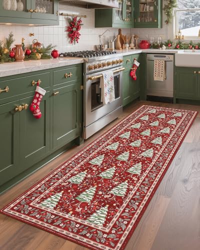 GarveeHome Red 2' x 6' Christmas Floor Runner Rug Non-Slip Washable Low-Pile with Tree & Animals Print