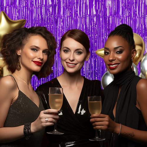 Purple Foil Fringe Backdrop 3-Pack - 3.3x8.2 FT Metallic Tinsel Curtains