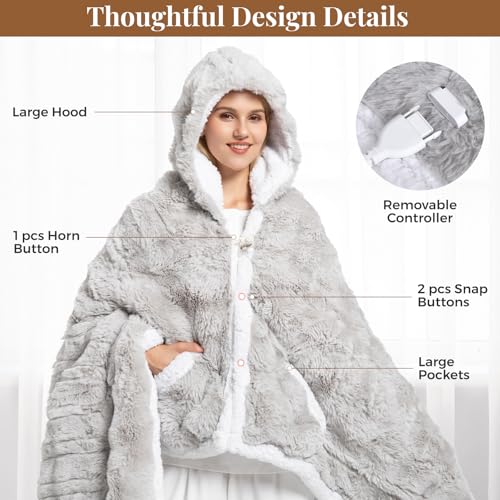 Wearable Heated Blanket Hoodie with Pockets, Faux Fur Electric Throw