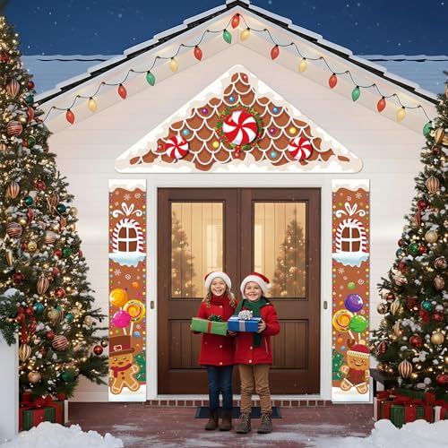 Gingerbread House Door Decor Set – 3pcs Christmas Banner & Rooftop Topper