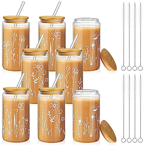 8 Pack Boho Floral Glass Tumblers, 16 oz Iced Coffee Cups with Bamboo Lids