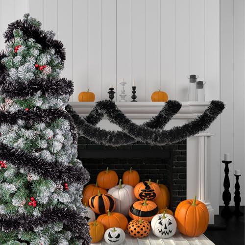 33ft Black Metallic Tinsel Garland - Thick Foil Twist Holiday Decor