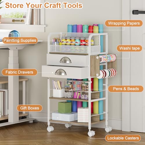Rolling Wrapping Paper Storage Cart with Drawers and Wheels White