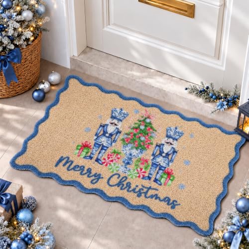 Breling Nutcracker Christmas Doormat Blue Scalloped Holiday Entry Rug