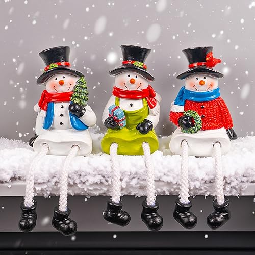 Snowman Christmas Figurines Set of 3 Resin Holiday Decorations with Dangling Legs