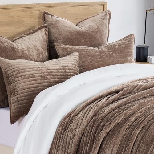 EverGrace Velvet Quilt Set King Size, Mocha Brown Channel Bedding
