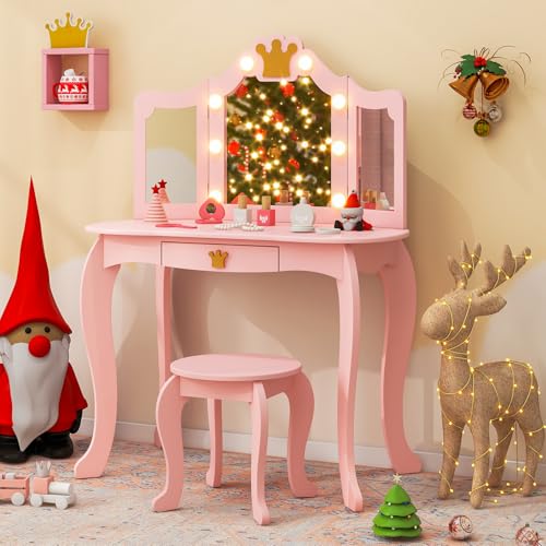 Kids Vanity Set with Mirror and Stool, Lighted Makeup Table for Girls