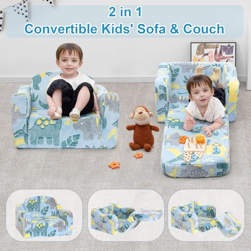 2-in-1 Foldable Kids Sofa Chair & Couch with Blanket - Green Dinosaur