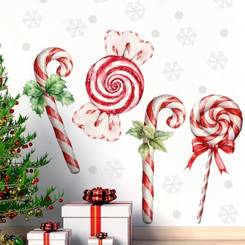 Large Christmas Wall Decals - 4 Sheets Candy Cane Holiday Stickers Removable